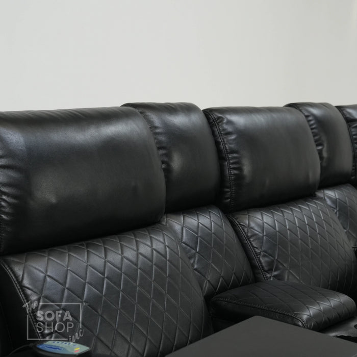 3 Seater Black Leather Smart Recliner With Massage & Tray Tables | Cupholder LED Not Working | Venice | Ex-Display