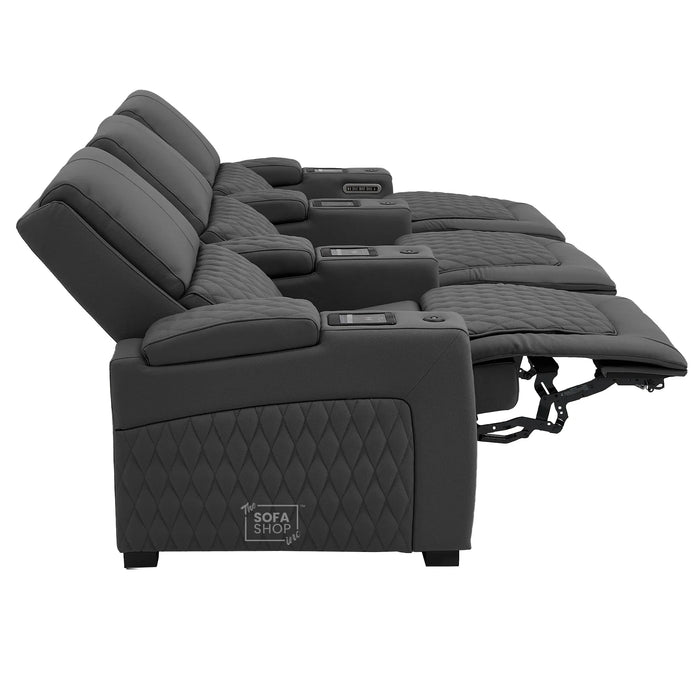 3 Seater Electric Recliner Cinema Sofa in Grey Real Leather | Hi-Tech Cinema Couch with Power Lumbar + Cooling & Heating Cupholders + Wireless Charging + Front Gloss Led + Power Headrests | Assisi | The Sofa Shop
