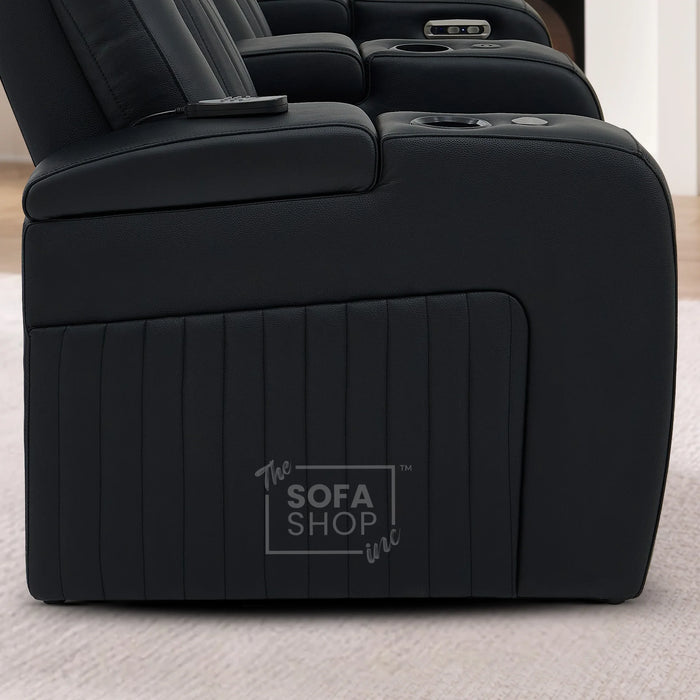3+2 Modern Reclining Sofa Suite in Black Real Leather | Hi-Tech Sofa with Massage, Heated Lumbar, Wireless Charging, LED Lights & Removable Tables | Capri