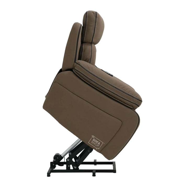 Electric Riser Chair In Mocha Brown Fabric | Hi-Tech Recliner Armchair With Vibration Massage + Heated Lumbar + Cooling Cup Holder + Power Headrest | Tuscany | The Sofa Shop