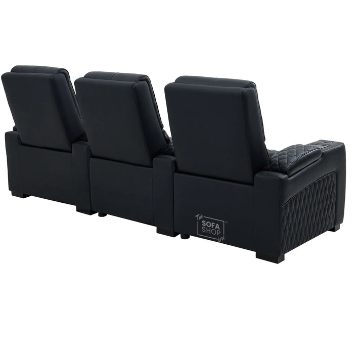 3 Seater Black Real Leather Electric Recliner Cinema Sofa | Leather Settee With Power Lumbar, Power Headrests + Wireless Charging, Heating & Cooling Cupholders, Power Grommets  | Assisi | The Sofa Shop