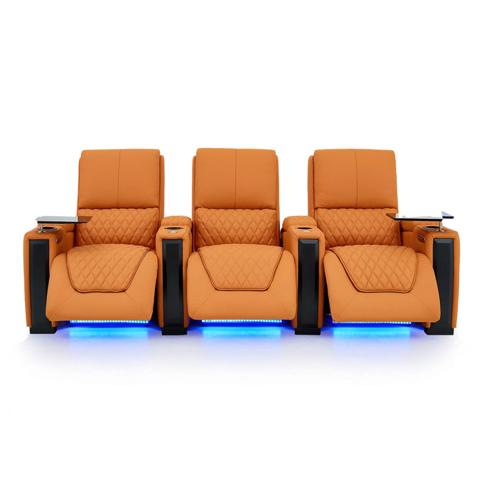 3 Seater Cinema Sofa in Orange Real Leather | Luxury Theatre & Home Cinema Seating | Electric Recliner With 3 Power Recliners, Power Lumbar & Cooling Cup Holders | Assisi | The Sofa Shop