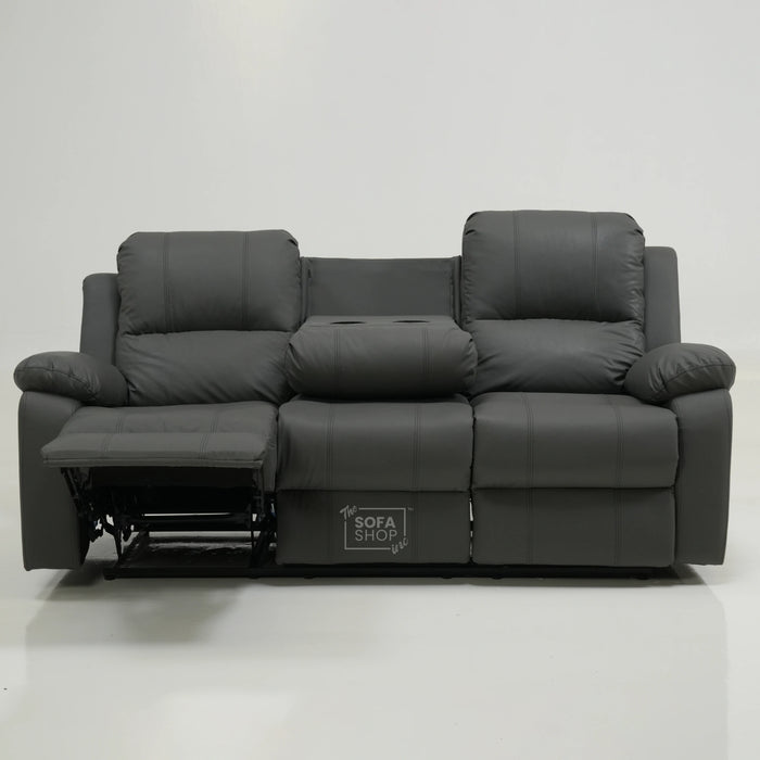 3 Seater Manual Recliner Sofa in Grey Leather | Drop-Down Table & Cup Holders | Trento | Second Hand 28 | The Sofa Shop