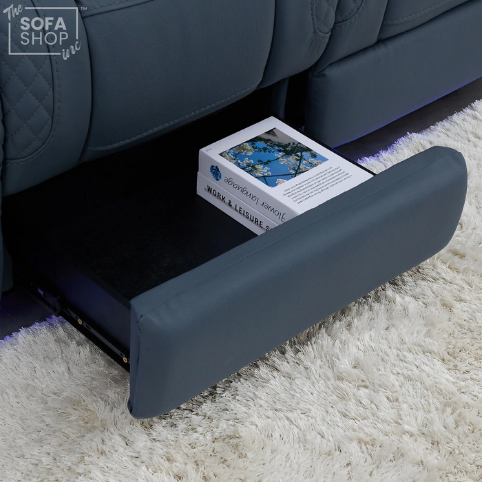 3 Seater Cinema Sofa in Blue Genuine Leather | Hi-Tech Cinema Sofa with Power Recline + Power Headrests + Vibration + Sockets + Base Storage | Napoli | The Sofa Shop