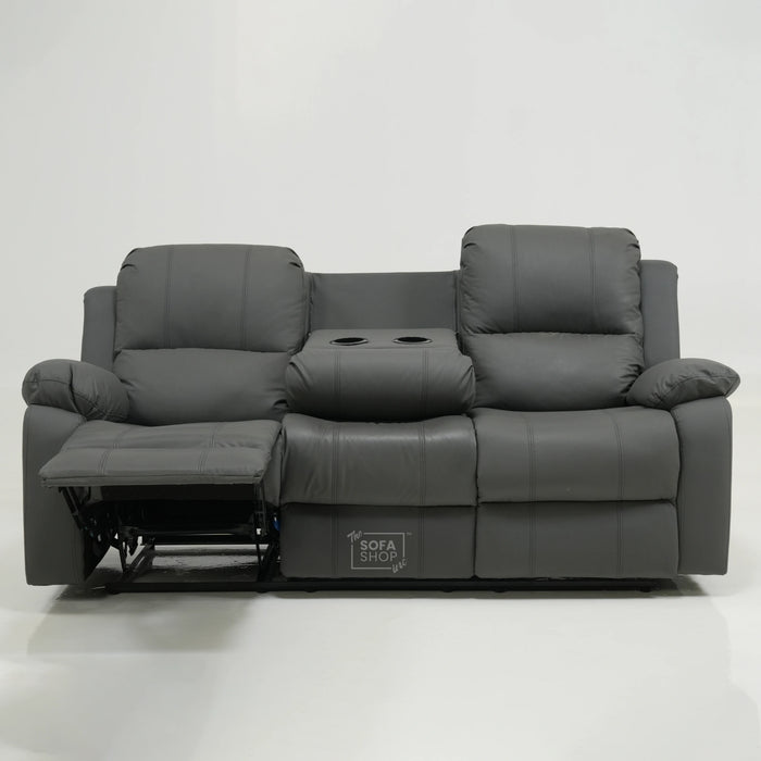 3 Seater Manual Recliner Sofa in Grey Leather | Manual Recliner Sofa with Drop-Down Table + Cup Holders + Padded Armrests + Smooth Recline | Trento Second Hand 27 | The Sofa Shop