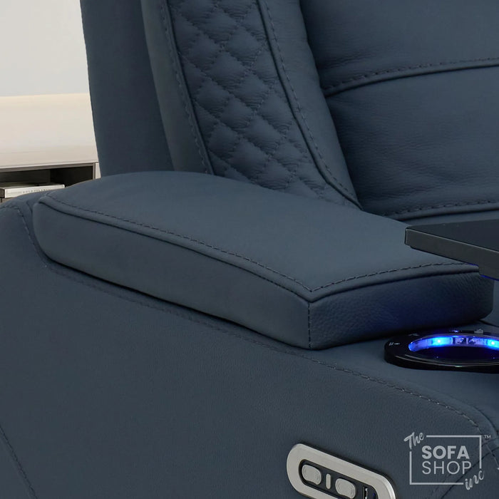 2 Seater Cinema Sofa in Blue Genuine Leather | Hi-Tech Settee with Power Recline + Power Headrests + Power Grommets + Speakers + Cooling & Heating Cupholders | Napoli | The Sofa Shop