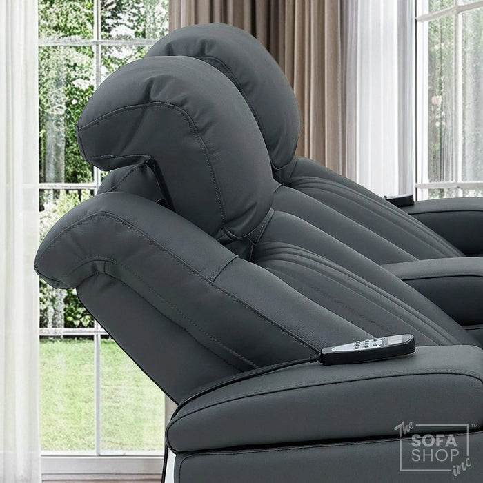 2 Seater Cinema Sofa in Grey Real Leather | Hi-Tech Console Couch with Massage & Heated Lumbar, Wireless Charging, Heat & Cool Cupholders, Bluetooth Speakers & Multi-Link | Capri | The Sofa Shop