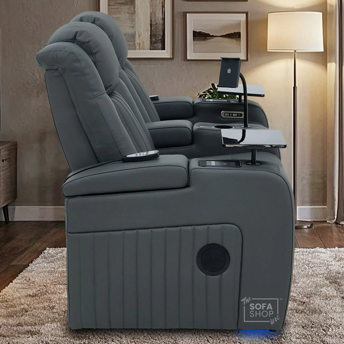 2 Seater Cinema Sofa in Grey Real Leather | Hi-Tech Console Couch with Massage & Heated Lumbar, Wireless Charging, Heat & Cool Cupholders, Bluetooth Speakers & Multi-Link | Capri | The Sofa Shop