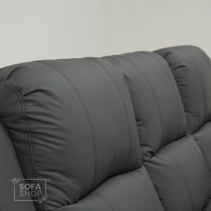 3 Seater Manual Recliner Sofa in Grey Leather | Manual Recliner Sofa with Drop-Down Table + Cup Holders + Padded Armrests + Smooth Recline | Trento Second Hand 27 | The Sofa Shop