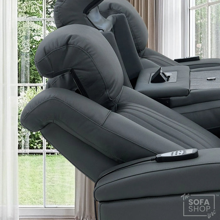 3 Seater Cinema Sofa in Grey Real Leather | Hi-Tech Cinema Sofa with Vibration Massage, Heated Lumbar, Bluetooth Speakers, Heating & Cooling Cupholders | Capri | The Sofa Shop