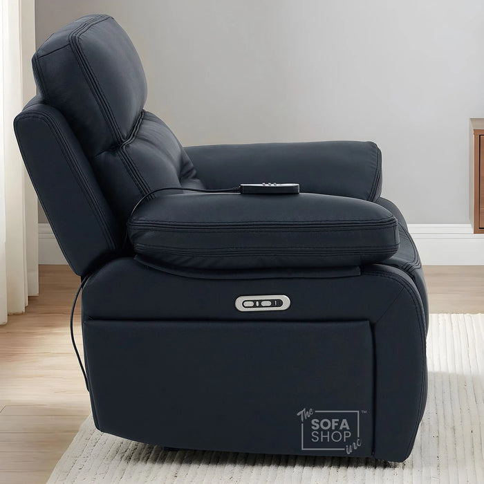 1 Seater Cinema Chair in Black Genuine Leather | Hi-Tech Cinema Chair with Power Recline + Power Headrest + Vibration Massage + Heated Lumbar+ Power Grommet | Sicily | The Sofa Shop