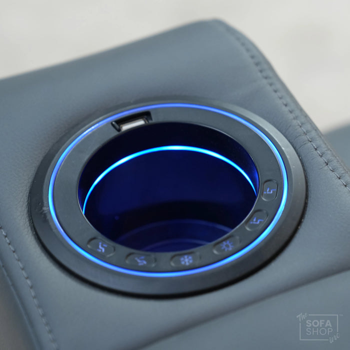 3 Seater Electric Recliner Cinema Sofa In Grey Leather | Table Stuck, Left Side Scuffed, No Ears | Siena | Second Hand Sofa 120