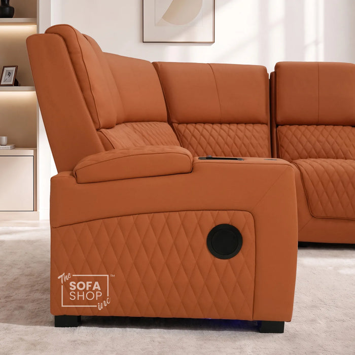 Assisi Corner Cinema Sofa in Orange Real Leather | Hi-Tech Couch with Power Recline + Power Headrests + Wireless Charging + Massage + Heating & Cooling Cupholders | Assisi | The Sofa Shop