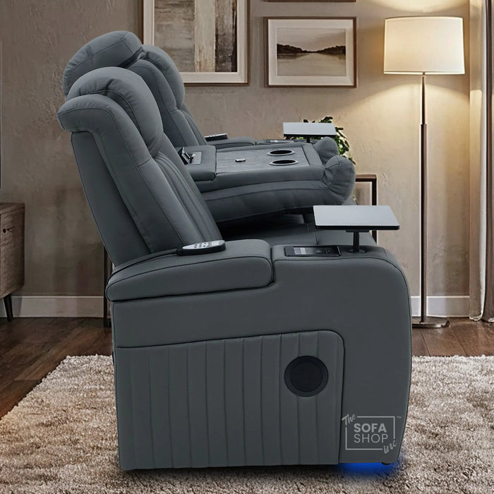 3 Seater Cinema Sofa in Grey Real Leather | Hi-Tech Cinema Sofa with Vibration Massage, Heated Lumbar, Bluetooth Speakers, Heating & Cooling Cupholders | Capri | The Sofa Shop