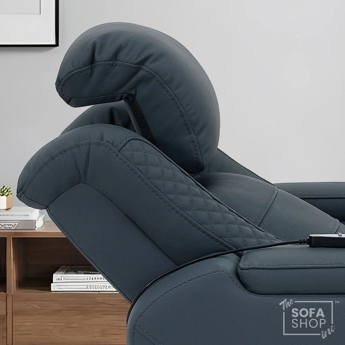 1 Seater Cinema Chair in Blue Genuine Leather | Hi-Tech Cinema Armchair with Power Recline + Power Headrest + Vibration Massage + Heated Lumbar+ Power Grommet | Napoli | The Sofa Shop