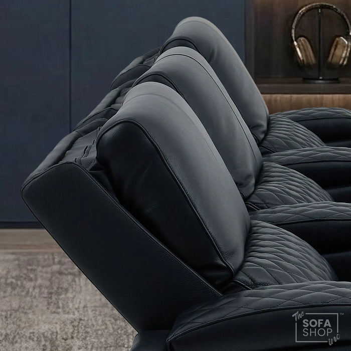 3 Seater Black Real Leather Electric Recliner Cinema Sofa | Leather Settee With Power Lumbar, Power Headrests + Wireless Charging, Heating & Cooling Cupholders, Power Grommets  | Assisi | The Sofa Shop