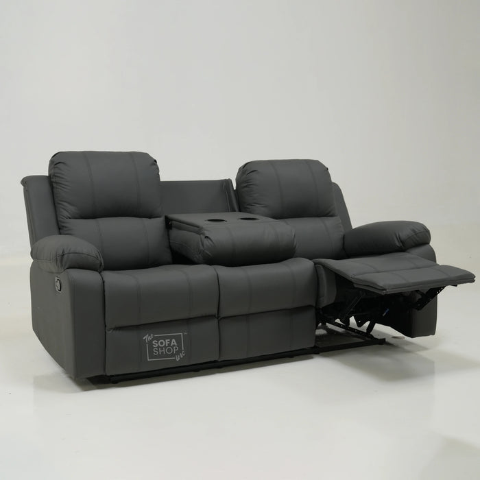 3 Seater Manual Recliner Sofa in Grey Leather | Manual Recliner Sofa with Drop-Down Table + Cup Holders + Padded Armrests + Smooth Recline | Trento Second Hand 27 | The Sofa Shop