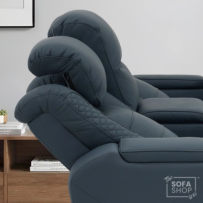 2 Seater Cinema Sofa in Blue Genuine Leather | Hi-Tech Settee with Power Recline + Power Headrests + Power Grommets + Speakers + Cooling & Heating Cupholders | Napoli | The Sofa Shop