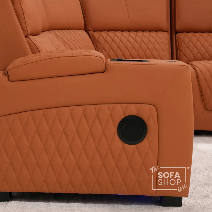 Assisi Corner Cinema Sofa in Orange Real Leather | Hi-Tech Couch with Power Recline + Power Headrests + Wireless Charging + Massage + Heating & Cooling Cupholders | Assisi | The Sofa Shop
