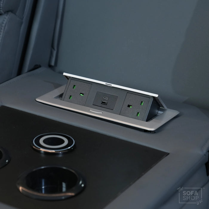 3 Seater Electric Recliner Cinema Sofa In Grey Leather | Table Stuck, Left Side Scuffed, No Ears | Siena | Second Hand Sofa 120