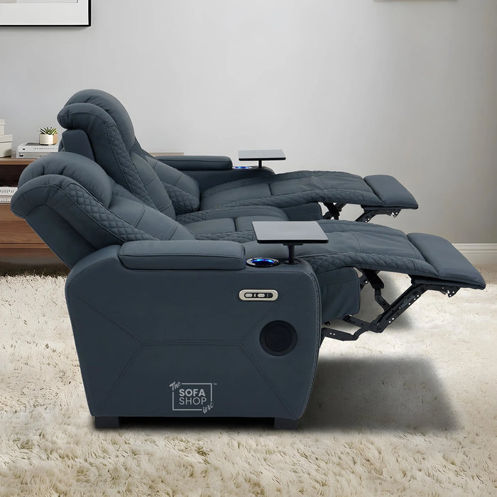 3+2 Seater Blue Real Leather Recliner Cinema Sofa | Hi-Tech Sofa Suite with Power Recline + Power Headrests + Wireless Charging + Bluetooth Speakers + Heat & Cool Cupholders | Napoli | The Sofa Shop