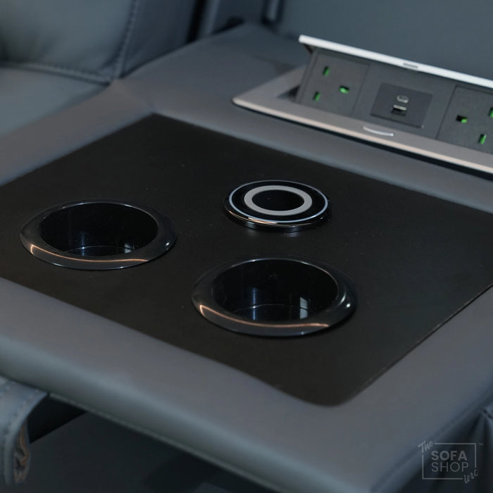 3 Seater Electric Recliner Cinema Sofa In Grey Leather | Table Stuck, Left Side Scuffed, No Ears | Siena | Second Hand Sofa 120