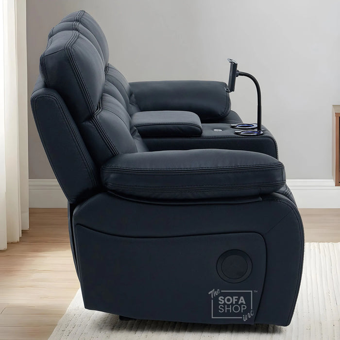 2 Seater Cinema Sofa in Black Genuine Leather | Hi-Tech Recliner Couch with Power Recline + Power Headrests + Sockets + Speakers + Cooling Cupholders | Sicily | The Sofa Shop