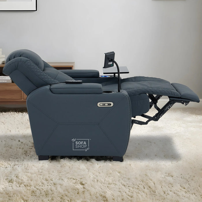 1 Seater Cinema Chair in Blue Genuine Leather | Hi-Tech Cinema Armchair with Power Recline + Power Headrest + Vibration Massage + Heated Lumbar+ Power Grommet | Napoli | The Sofa Shop