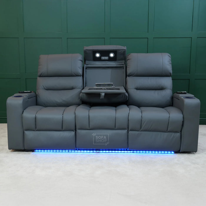 3 Seater Electric Recliner Cinema Sofa In Grey Leather | Table Stuck, Left Side Scuffed, No Ears | Siena | Second Hand Sofa 120