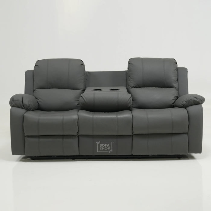 3 Seater Manual Recliner Sofa in Grey Leather | Manual Recliner Sofa with Drop-Down Table + Cup Holders + Padded Armrests + Smooth Recline | Trento Second Hand 27 | The Sofa Shop