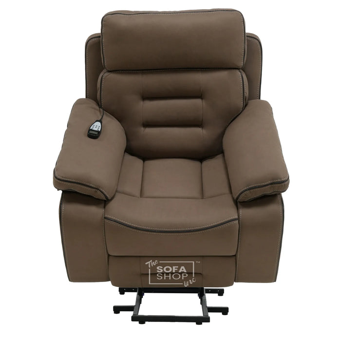 Electric Riser Chair In Mocha Brown Fabric | Hi-Tech Recliner Armchair With Vibration Massage + Heated Lumbar + Cooling Cup Holder + Power Headrest | Tuscany | The Sofa Shop
