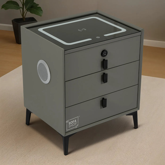 Florida Smart Bedside Table – Grey Faux Leather 3-Drawer Nightstand with LED Lights, Fingerprint Lock & Wireless Charger | The Sofa Shop