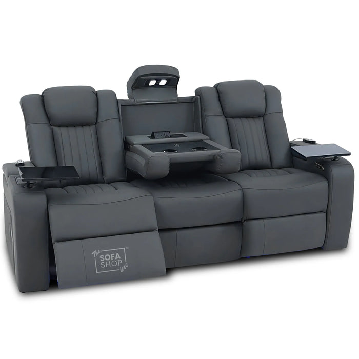 3 Seater Cinema Sofa in Grey Real Leather | Hi-Tech Cinema Sofa with Vibration Massage, Heated Lumbar, Bluetooth Speakers, Heating & Cooling Cupholders | Capri | The Sofa Shop