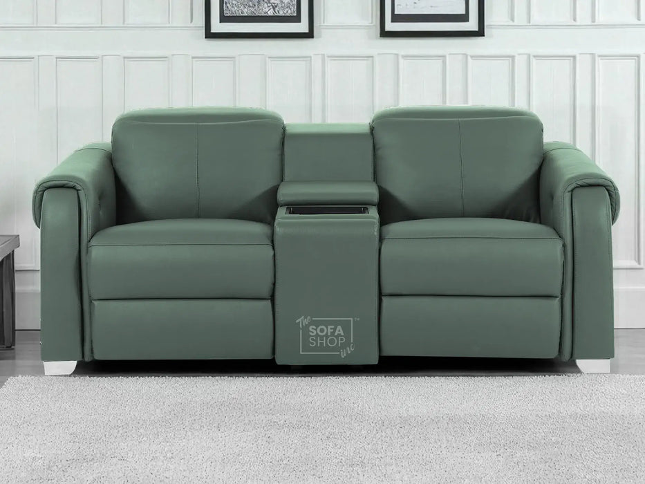 2 Seater Real Leather Electric Recliner Sofa | Cinema Sofa | Hi-Tech Sofa in Green with Massage, Middle Console, Adjustable Headrests & USB | Turin