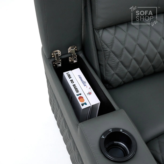 2 Seat Real Leather Electric Recliner Home Cinema Theatre Sofa In Grey With Multi-Position Reclining + LED Cup Holders & Lumbar Support | Assisi