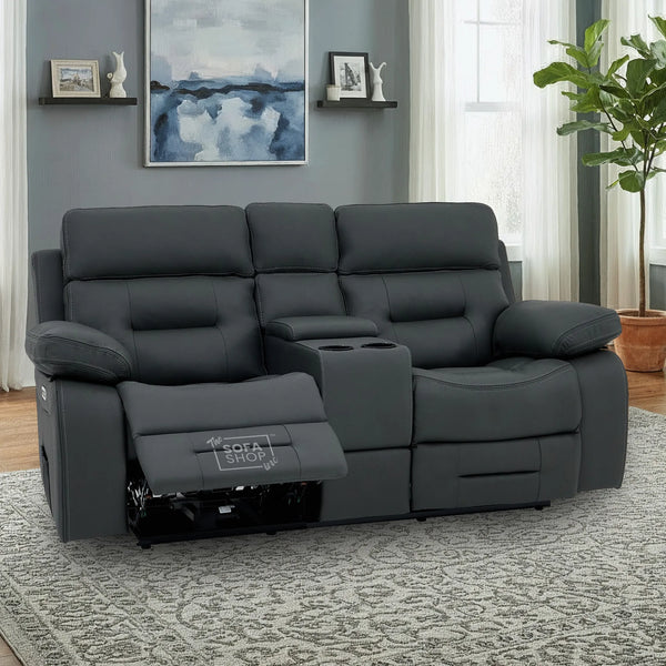 2 Seater Electric Recliner Cinema Sofa in Grey Leather | Hi-Tech Cinema Seats with Massage, Console, Power Headrest, Power Recliner, Bluetooth, Socket Set, USB & Wireless Charging | Sicily