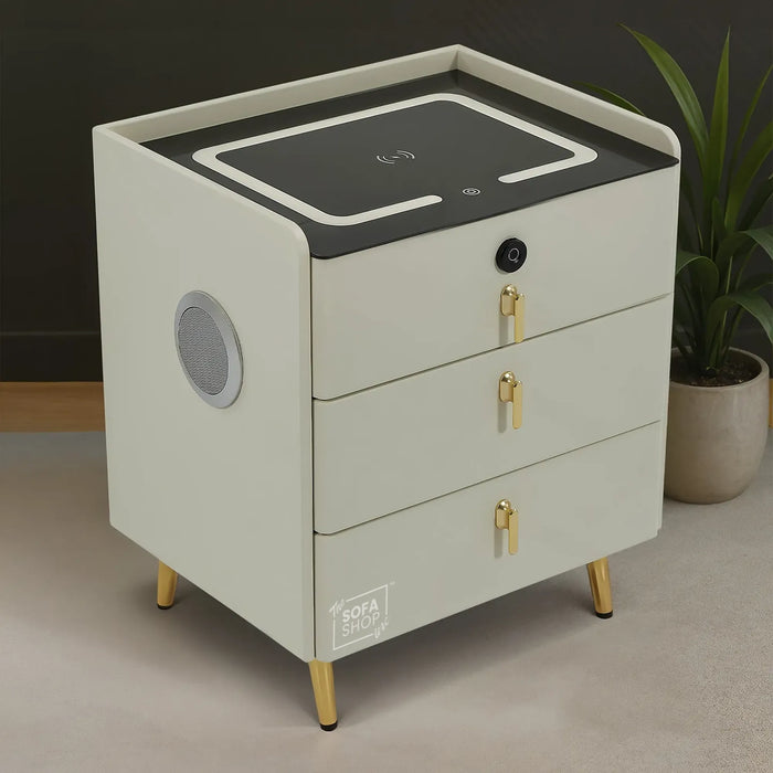 California Smart Bedside Table – Off-White Faux Leather 3-Drawer Nightstand with Fingerprint Lock, LED & Wireless Charger | The Sofa Shop
