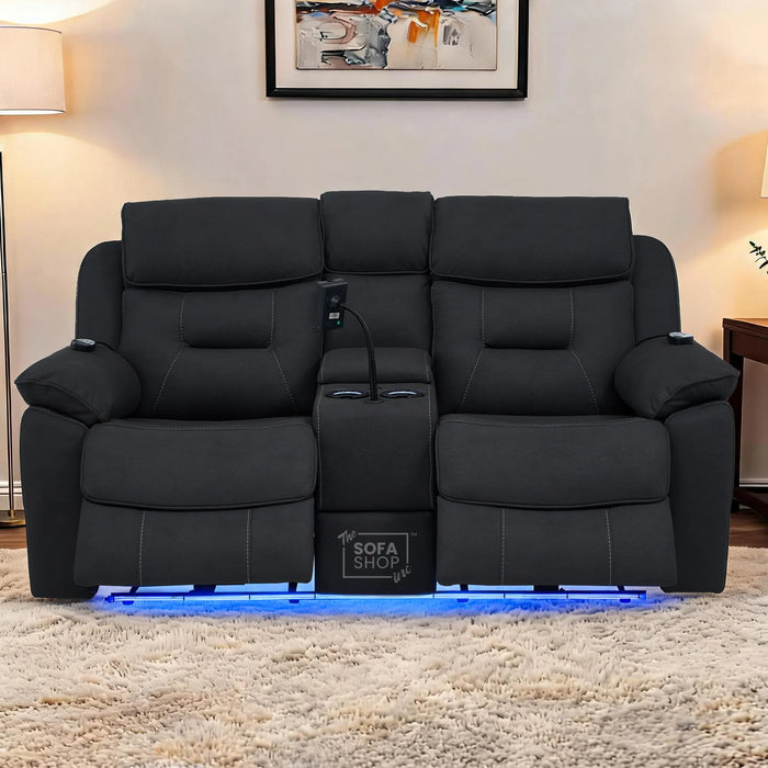 2 Seater Charcoal Grey Fabric Electric Recliner Cinema Sofa | Hi-tech Recliner Couch With Massage Vibration, Heated Lumbar, Cooling & Heating Cupholders, Bluetooth & Multi-Link | Florence | The Sofa Shop