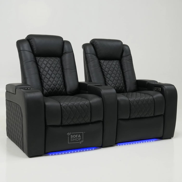 2 Seater Cinema Sofa in Black Real Leather | Hi-Tech Console Couch with Power Recline + Power Headrests + Console Storage + Cup Holders + LED Base Light | Sample |Milano | The Sofa Shop