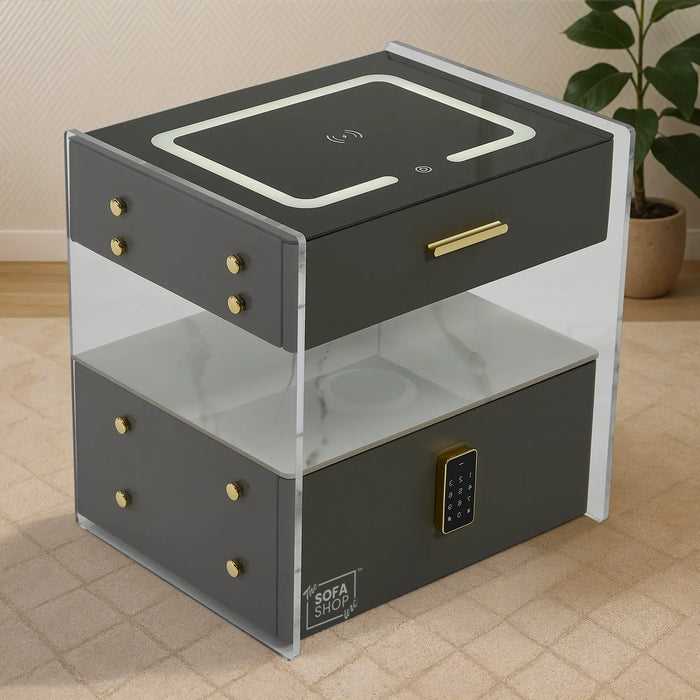 Chicago Smart Bedside Table – Grey 2-Drawer Nightstand with LED Lights, PIN-Lock Drawer & Wireless Charger