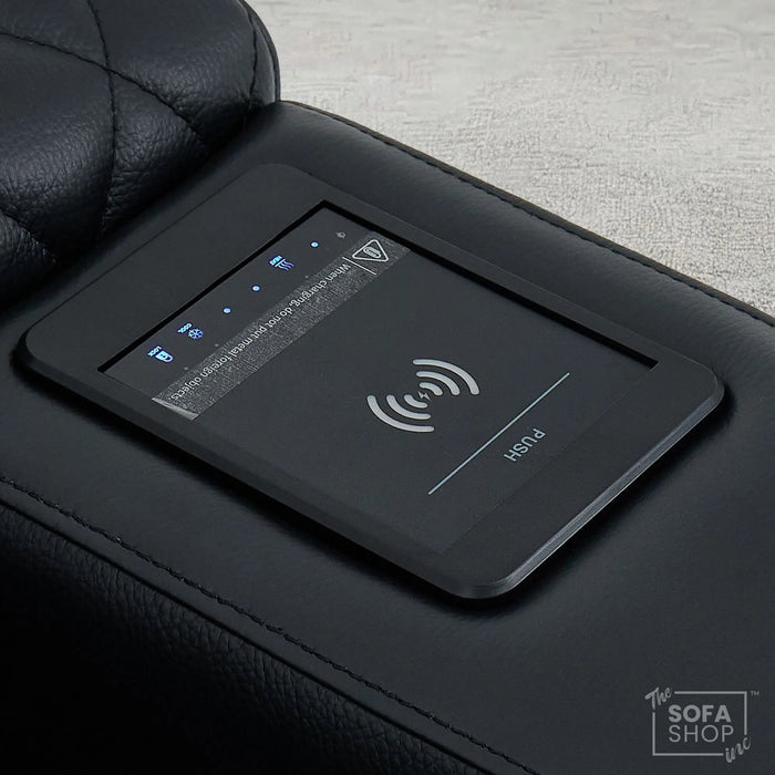 3 Seater Black Real Leather Electric Recliner Cinema Sofa | Leather Settee With Power Lumbar, Power Headrests + Wireless Charging, Heating & Cooling Cupholders, Power Grommets  | Assisi | The Sofa Shop