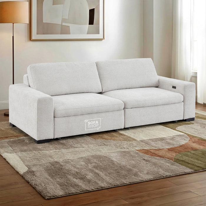 Palma 3 Seater Fabric Extendable Electric Sofa Bed | Power Sliding Couch with USB + USB-C Charging – Light Grey Chenille | Home Theatre Seating & Comfort Headrests | The Sofa Shop