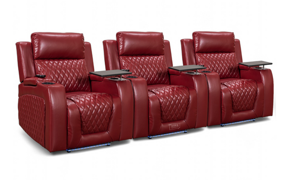 Row of 3 Electric Home Cinema Seats in Red Leather Aire, With Recliner, Massage Seats, Removable Table, USB, Lights & Chilled Cupholders - Venice Series One