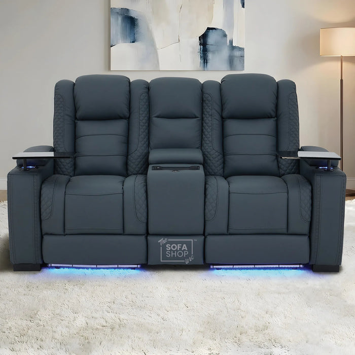 2 Seater Cinema Sofa in Blue Genuine Leather | Hi-Tech Settee with Power Recline + Power Headrests + Power Grommets + Speakers + Cooling & Heating Cupholders | Napoli | The Sofa Shop