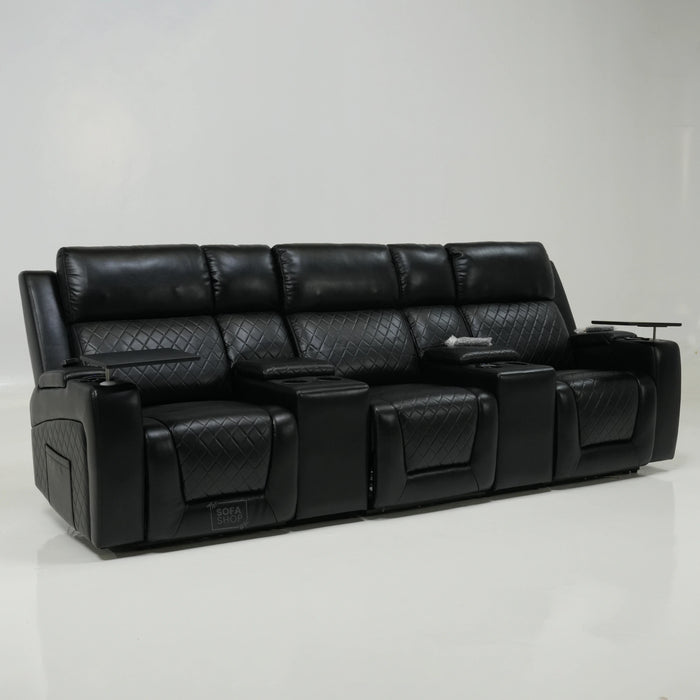 3 Seater Black Leather Smart Recliner With Massage & Tray Tables | Cupholder LED Not Working | Venice | Ex-Display