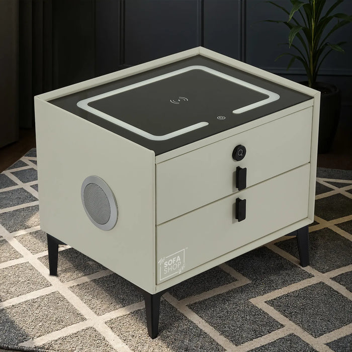 Miami Smart Bedside Table – Off-White 2-Drawer Nightstand with LED Lights, Fingerprint Lock & Wireless Charger | The Sofa Shop