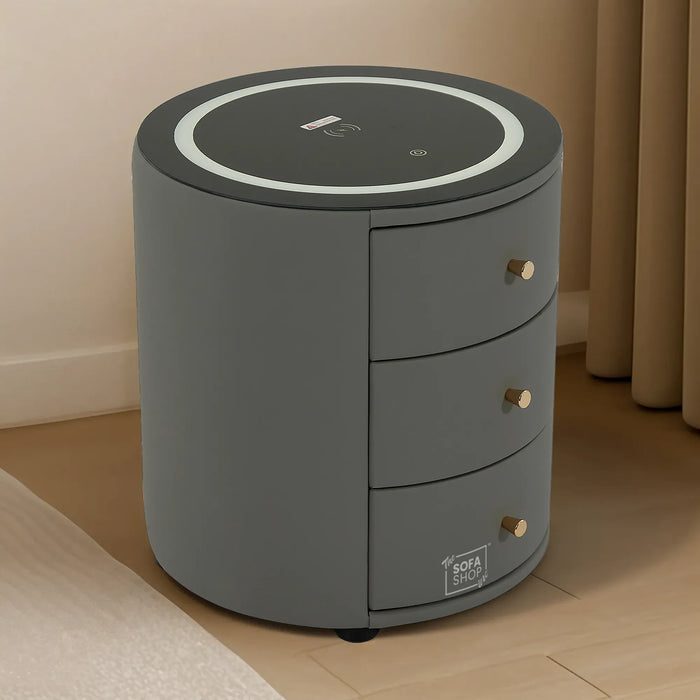 Nashville Smart Bedside Table – Grey Faux Leather 3-Drawer Nightstand with LED Lights, Bluetooth & Wireless Charger | The Sofa Shop