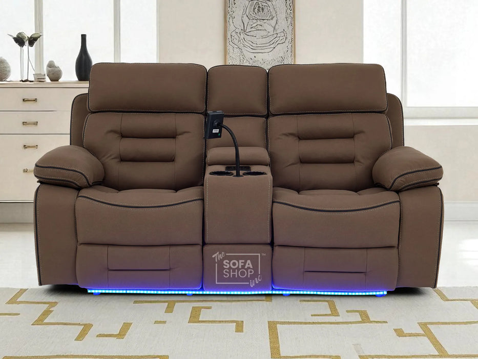 2 Seater Electric Recliner Cinema Sofa in Brown Fabric | Hi-Tech Sofa with 8-Point Massage, USB, Speakers, Power Headrest, Storage & Chilled Cup Holders | Tuscany | The Sofa Shop