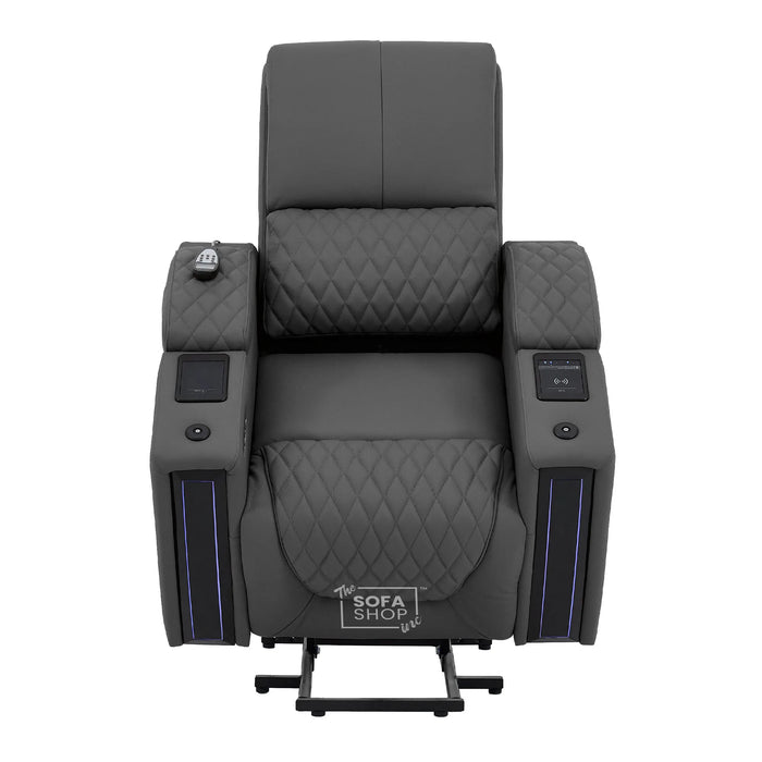 1 Seater Electric Recliner Riser Chair | Power Recline, Heated Lumbar & Massage, Cooling & Heating Cup Holders | Grey Real Leather Riser Armchair with Tray Tables | Assisi | The Sofa Shop