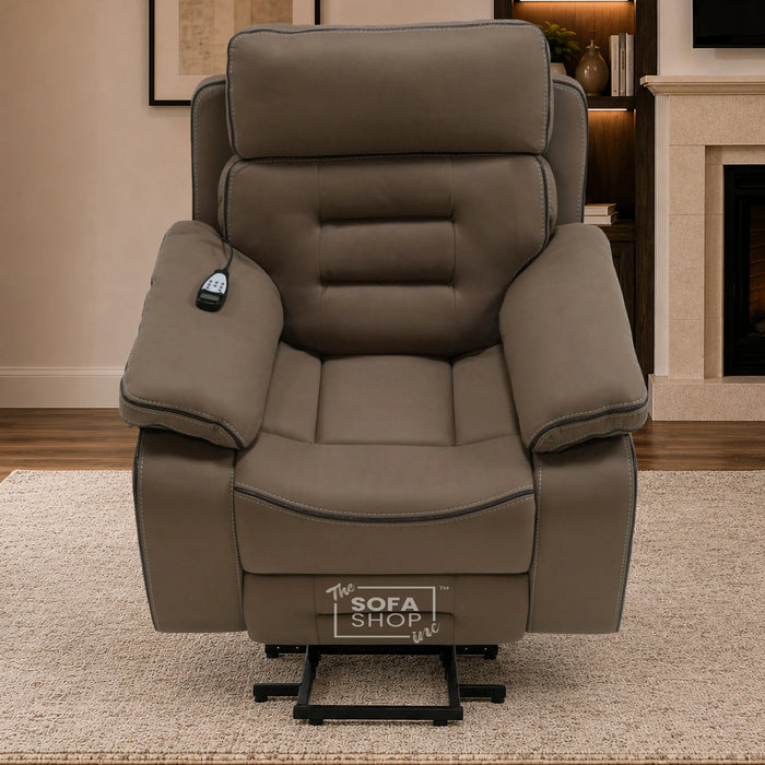 Electric Riser Chair In Mocha Brown Fabric | Hi-Tech Recliner Armchair With Vibration Massage + Heated Lumbar + Cooling Cup Holder + Power Headrest | Tuscany | The Sofa Shop